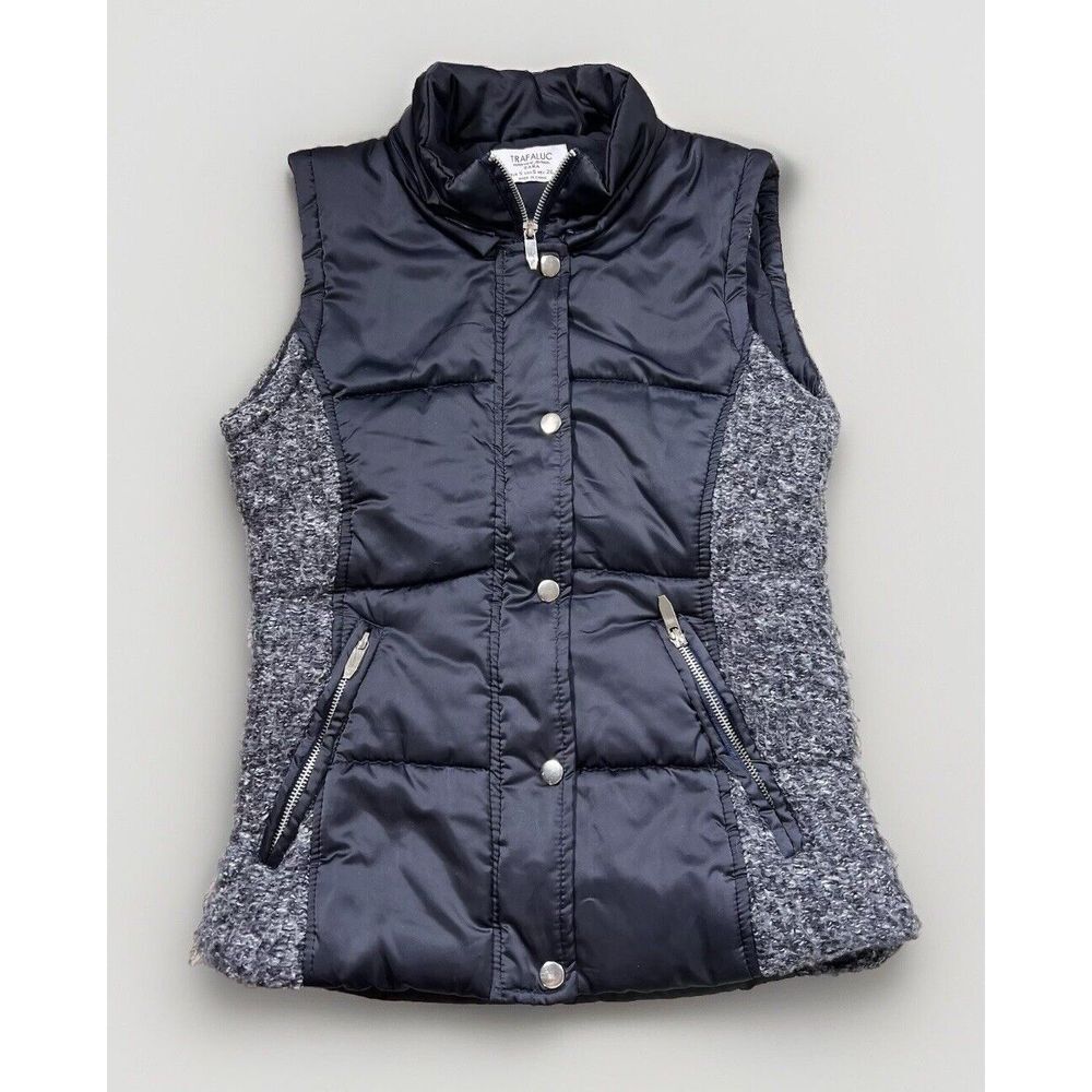 TRAFALUC ZARA Puffer Vest Women's Black Tweed Side Zipper Snap Button Size S
